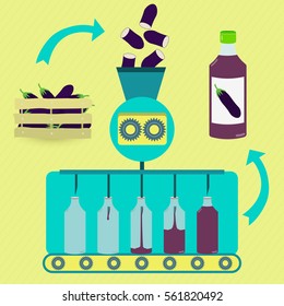 Eggplant juice series production. Fresh eggplants being processed. Bottled eggplant juice.