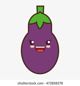 eggplant kawaii cartoon smiling healthy food icon. Colorful and flat design. Vector illustration