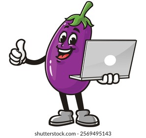 Eggplant with Laptop,      Cartoon Character Mascot Illustration Vector Clip-art Hand-drawn Logo Design