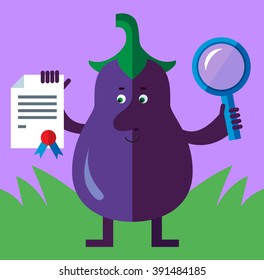 Eggplant with magnifier glass and graduation diploma. Flat style vector illustration . Funny cartoon character