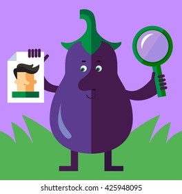Eggplant with magnifier glass and person photo. Searching. Flat style vector illustration . Funny cartoon character