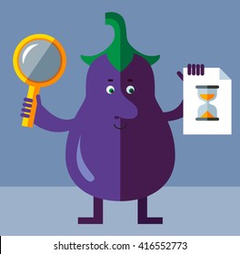 Eggplant with magnifier glass and preloader icon. Searching. Flat style vector illustration . Funny cartoon character