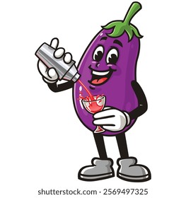 Eggplant is making cocktail,     Cartoon Character Mascot Illustration Vector Clip-art Hand-drawn Logo Design