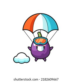 eggplant mascot cartoon is skydiving with happy gesture , cute style design for t shirt, sticker, logo element