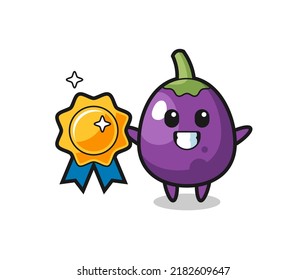 eggplant mascot illustration holding a golden badge , cute style design for t shirt, sticker, logo element