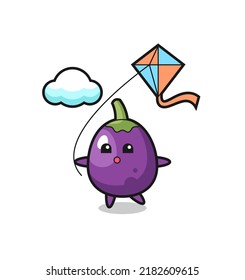 eggplant mascot illustration is playing kite , cute style design for t shirt, sticker, logo element