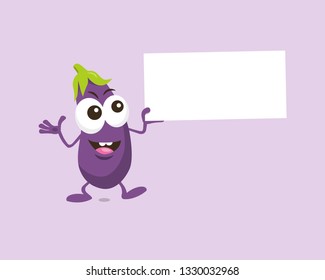 Eggplant mascot offers something interesting with label in his hand isolated on light background. Flat design style for your mascot branding.