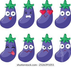 
Eggplant Mascot Vector Character with Different Expressions. Adorable food mascot having positive and negative emotions 
