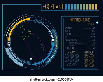 Eggplant. Nutrition facts. Vitamins and minerals. Futuristic  Interface. HUD infographic elements. Flat design, no gradient. Vector illustration