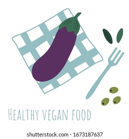 Eggpflanze auf einer Serviette und Oliven. Vektorillustration-Illustration einer Draufsicht.Gesunde veganische Lebensmittel