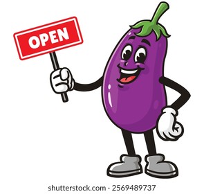 Eggplant with open sign,    Cartoon Character Mascot Illustration Vector Clip-art Hand-drawn Logo Design