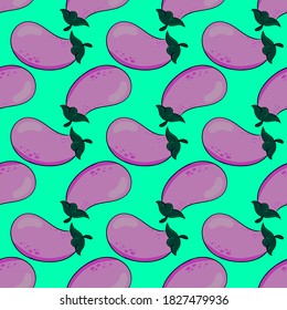 Eggplant pattern, seamless pattern on green background.