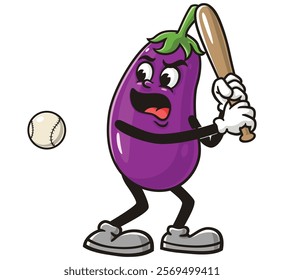 Eggplant playing baseball,     Cartoon Character Mascot Illustration Vector Clip-art Hand-drawn Logo Design