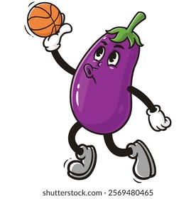 Eggplant playing slam dunk basketball,     Cartoon Character Mascot Illustration Vector Clip-art Hand-drawn Logo Design