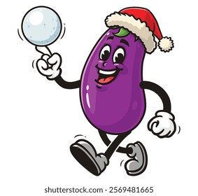 Eggplant playing snowballs and wearing a christmas hat
,        Cartoon Character Mascot Illustration Vector Clip-art Hand-drawn Logo Design