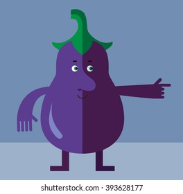 Eggplant pointing direction. Flat style vector illustration . Funny cartoon character