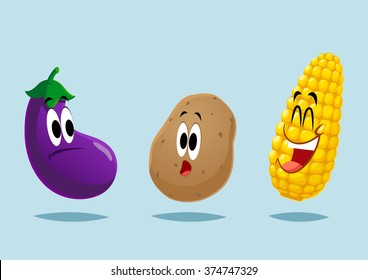 eggplant potatoes corn. cute illustration