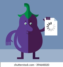 Eggplant with preloader icon. Flat style vector illustration . Funny cartoon character
