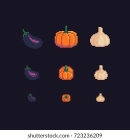 eggplant, pumpkin and garlic pixel art icons set, vector illustration.