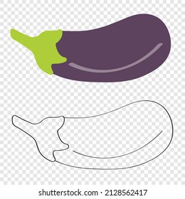 Eggplant - purple vegetable for vegetarian food, flat vector cartoon illustration. A simple drawing of a product or packaging logo, doodle coloring book for children on a transparent background.