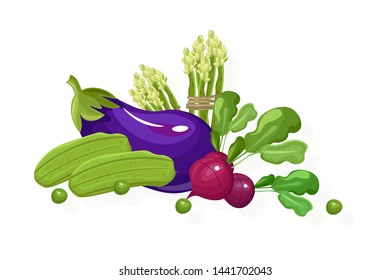 Eggplant, radish, greens set. Store shop label isolated poster advertise