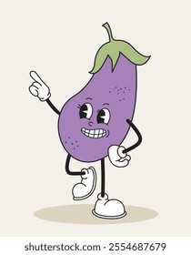 Eggplant retro character. Fictional character for cartoons. Toy and mascot. Natural and fresh vegetable. Tempate and layout. Flat vector illustration isolated on beige background