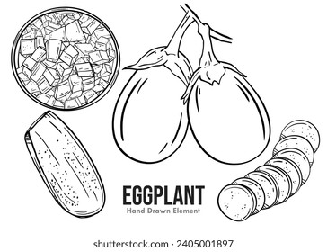 Eggplant, round, square and long pieces of eggplant black and white hand drawn design, line art, vector.