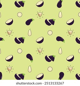 Padrão sem emenda de berinjela, emblema de produto de berinjela fresca da fazenda para a mercearia, Slides, seções longas e transversais, e posições diferentes, ilustração vetor simples plana de legumes e frutas.