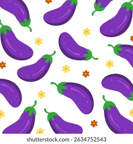 Eggplant seamless pattern with flower decoration. Vegetable cartoon. Cooking ingredient
