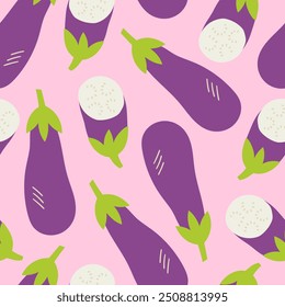 Eggplant seamless pattern. Fresh vegetable aubergine print for kitchen, menu, food package design. Hand drawn flat vector illustration. Healthy cute organic product.