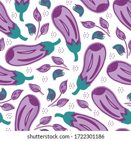 Eggplant seamless pattern in hand-drawn doodle style on white background for wrapping paper, fabric, print, wallpaper. Vector colorful illustration. Vegan theme. Healthy lifestyle. Natural food
