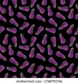 Eggplant seamless pattern on black background. Vector design.