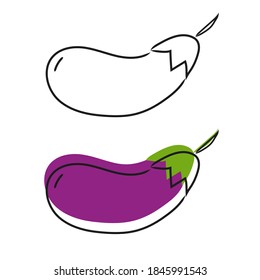 Eggplant is a separate element. Hand drawing. Vector isolated illustration on white background. Doodle style. Vegetarianism