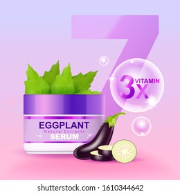 Eggplant Serum and Vitamin Natural Extract Concept Vector Background for Skin Care Cosmetic Products.