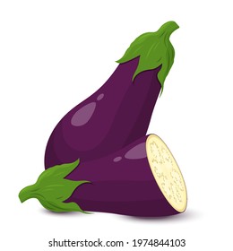 Eggplant set isolated on white background. Whole and half of fresh aubergine. Vector ingredients for salad.