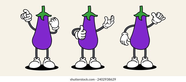 Eggplant set mascot of 70s groovy. Collection of cartoon,retro, groovy characters. Vector illustration.