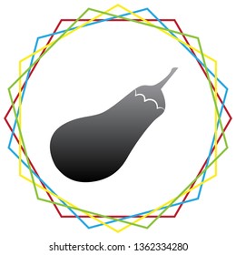 Eggplant sign. Salad ingredient. Healthy vegetable. Vector. Black icon with patch of light inside colorful hexagonal frames at white background.