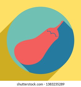 Eggplant sign. Salad ingredient. Healthy vegetable. Sunset orange icon with llapis lazuli shadow inside medium aquamarine circle with different goldenrod shadow at royal yellow background.