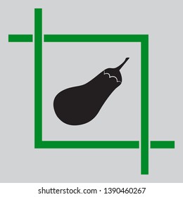 Eggplant sign. Salad ingredient. Healthy vegetable. Black icon inside green crop tool at light gray background