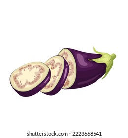 Eggplant Slice Cartoon. Purple Fresh, Plant Food, Organic Healthy, Agriculture Fruit, Brinjal Garden, Raw Viole Eggplant Slice Vector Illustration