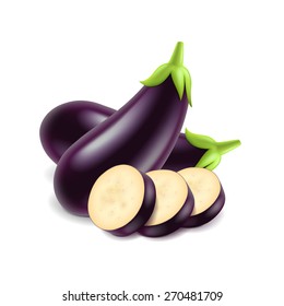 Eggplant And Slice Isolated On White Photo-realistic Vector Illustration