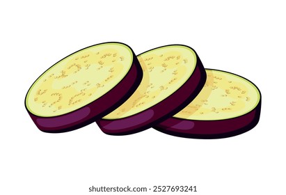 Fatias de berinjela em estilo cartoon. Ilustração vetorial de berinjelas frescas e deliciosas ​cortadas ​ fundo branco. Legumes úteis. Alimentos saudáveis e nutritivos.