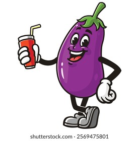 Eggplant with soft drink,      Cartoon Character Mascot Illustration Vector Clip-art Hand-drawn Logo Design