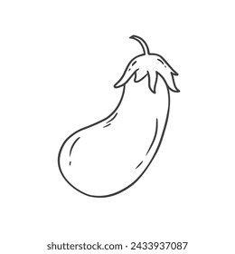 Berenjena aislada sobre fondo blanco. Dibujado a mano Sketch, icono. Vegetal en estilo doodle. Ilustración de vector