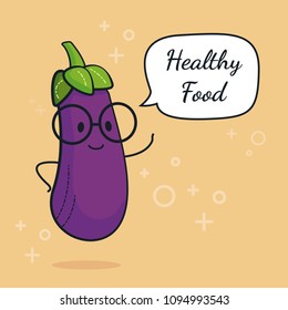 Eggplant with speech bubble. Balloon sticker. Cool vegetable. Vector illustration. Eggplant clever nerd character. Healthy food concept. Smart vegan diet poster