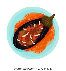 Eggplant Stuffed with Forcemeat and Vegetables Rested in Gravy on Plate Top View Vector Illustration