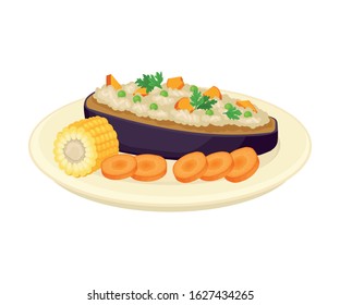 Eggplant Stuffed with Rice and Vegetables Served on Plate Vector Illustration