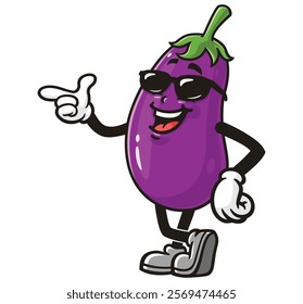 Eggplant with sunglasses,     Cartoon Character Mascot Illustration Vector Clip-art Hand-drawn Logo Design