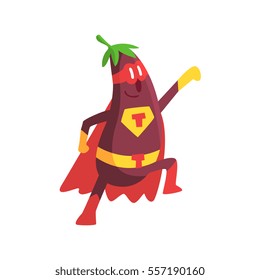 Eggplant In Superhero Costume, Part Of Vegetables In Fantasy Disguises Series Of Cartoon Silly Characters