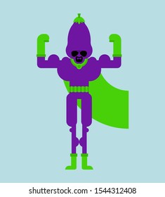 Eggplant superhero. Super Vegetable in mask and raincoat. Strong Eggplants